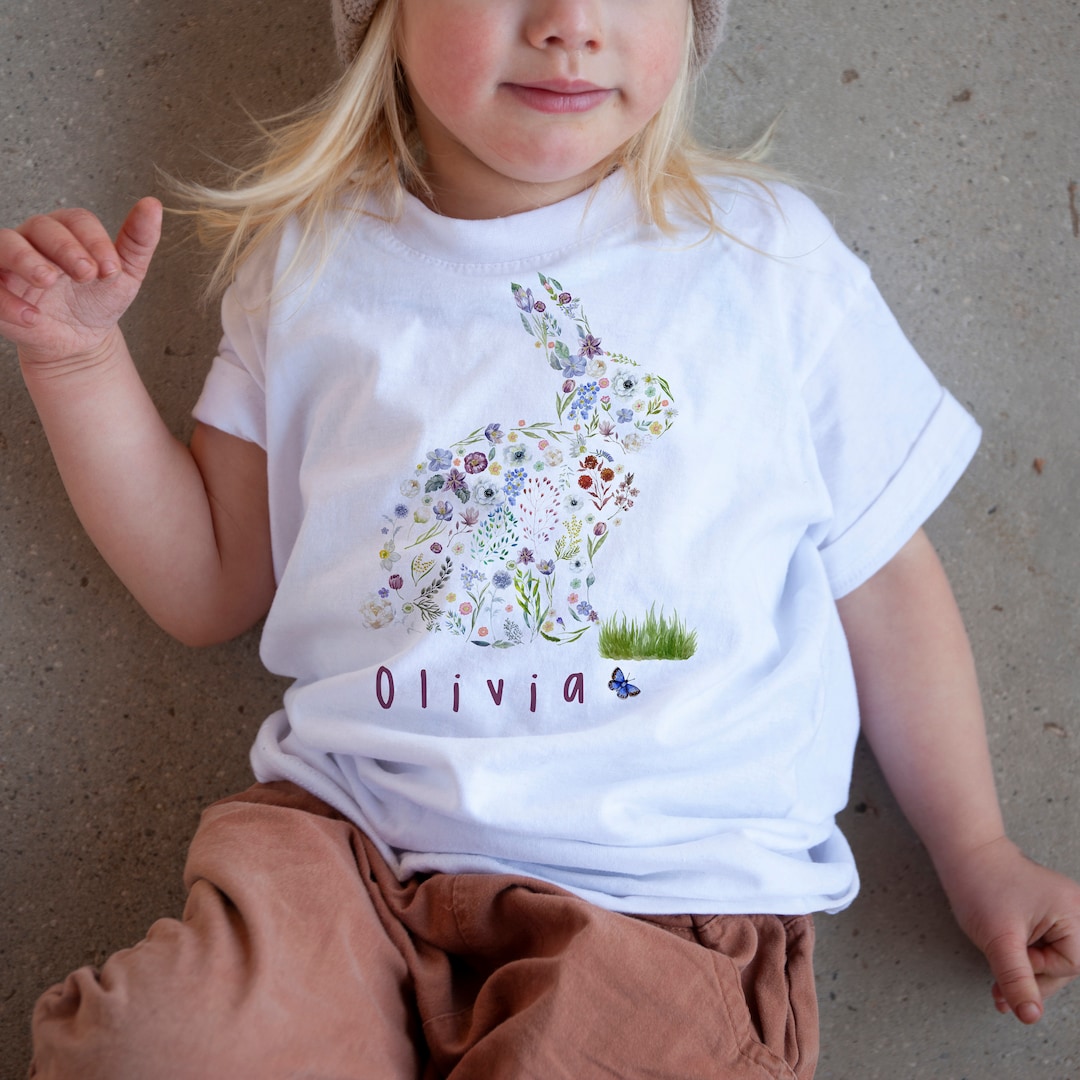 Personalised Kids Easter T Shirt   Cute Flower Bunny Design For Boys Or Girls   Childrens Tshirt Bunny Tshirt, Easter Gift   Baby First, 1st